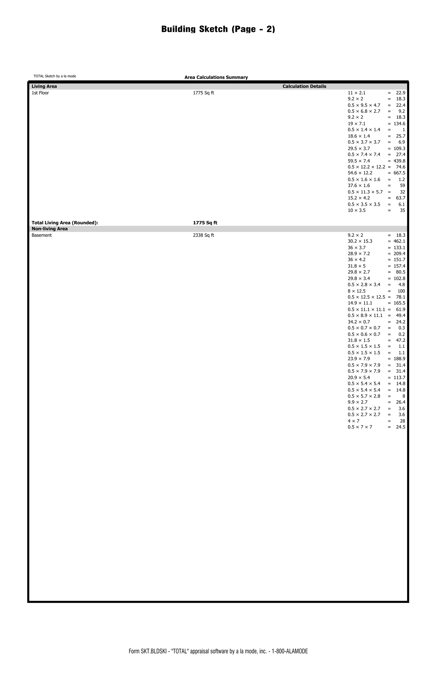 Area calculation summary listing every dimensioned segment for the main floor and lower level